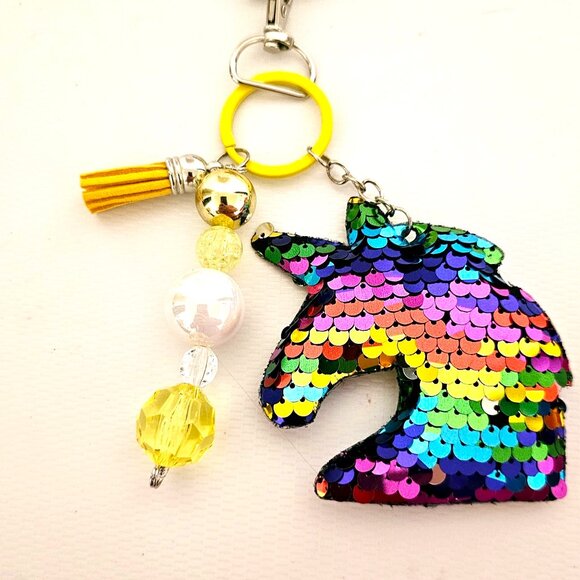Unicorn Keychain Rainbow Sequin Tassel Beads Bag Charm Purse Backpack Cute Gift - Picture 1 of 1
